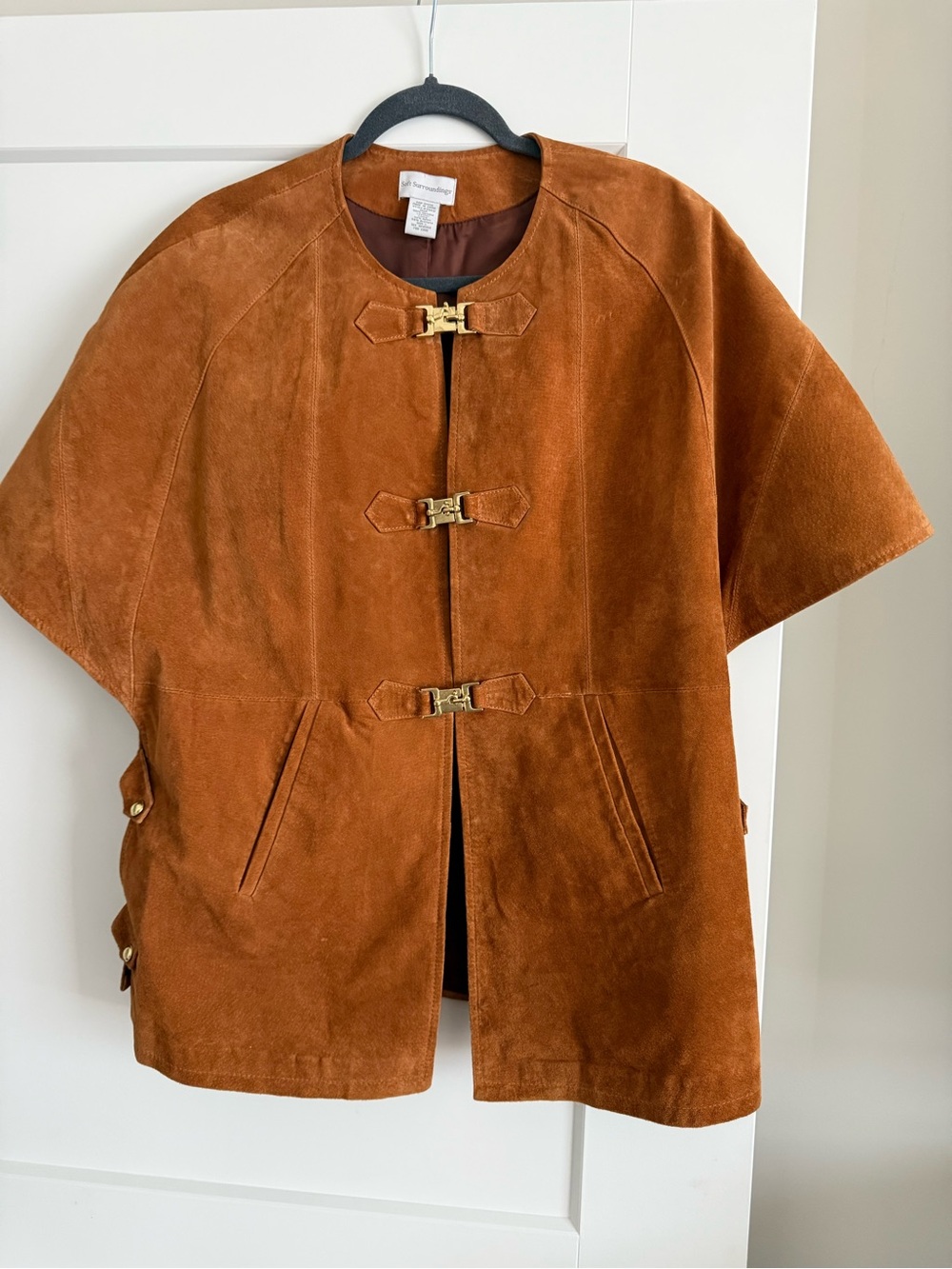 Soft Surroundings Leather Women's Suede Short-Sleeve Coatigan in Chestnut Brown